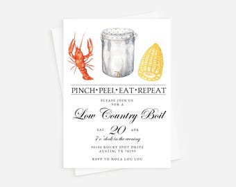 May include: Invitation to a Low Country Boil on Saturday, April 20th at 7 o'clock in the evening. The invitation features a watercolor illustration of a crawfish, a pot, and an ear of corn. The address is 90100 Rocky Spot Drive, Austin, TX 78199. RSVP to Nola Lou Lou.