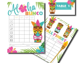 Aloha Bunco, Hawaiian Theme Bunco, Printable Bunco Game, Bunco Score Sheets, Bunco Printable, Score Cards, Tally Sheets, Table Numbers