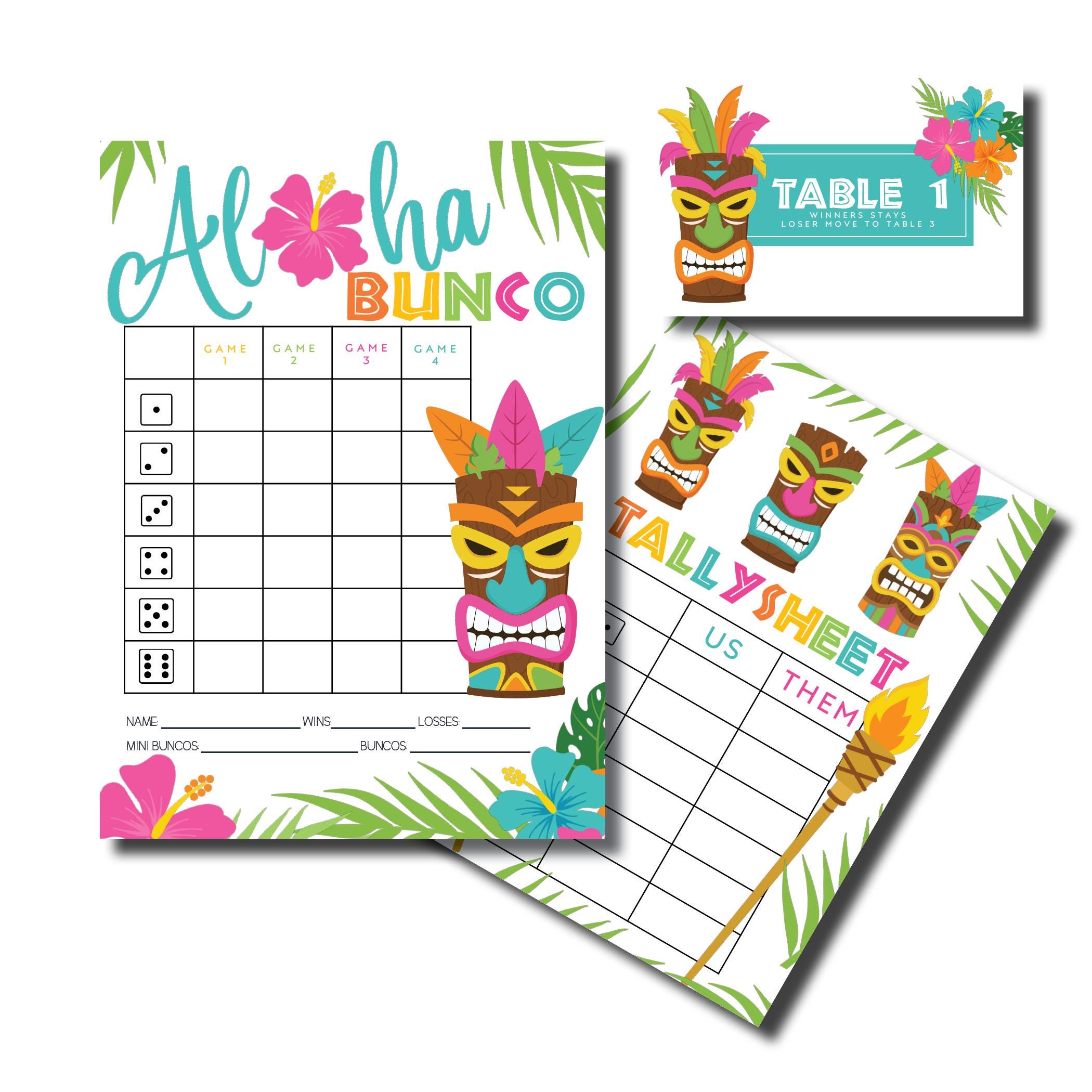 Aloha Bunco, Hawaiian Theme Bunco, Printable Bunco Game, Bunco Score Sheets, Bunco Printable, Score Cards, Tally Sheets, Table Numbers