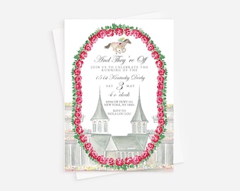 May include: A white invitation card with a watercolor design for the 151st Kentucky Derby. The card features a floral border of red roses, the text "And They're Off", and the date, May 3rd, 4 o'clock. A horse and jockey are depicted at the top.