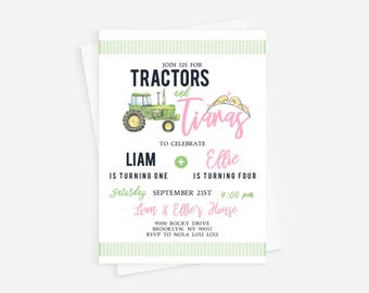 Tractors and Tiaras Birthday Invitation: Joint Sibling Party (Digital or Professionally Printed)