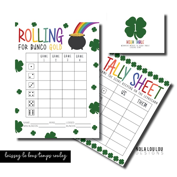 March Bunco, St. Patrick's Day Bunco, Printable Bunco Game, Bunco Score Sheet, Printable Bunco Card, Score Card, Tally Sheets, Table Numbers