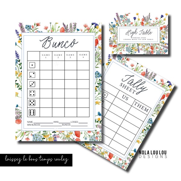 Floral Bunco, Spring Time Bunco, Printable Bunco, Bunco Score Sheet, Printable Bunco Cards, Score Card, Tally Sheet, Table Numbers