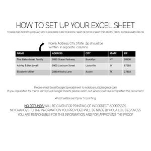 May include: A white document with black text titled "HOW TO SET UP YOUR EXCEL SHEET." It includes a table with columns for Name, Address, City, State, and Zip, and example data. Instructions and contact information are also included.