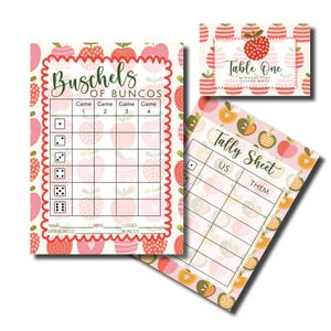 Apple Theme Bunco, Back to School Bunco, Fall Bunco Score Sheets, Printable Bunco Cards, Score Cards, Tally Sheets, Table Numbers, Fruit