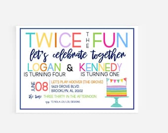 Joint Sibling Birthday Invitation: Rainbow Theme (Digital or Professionally Printed)