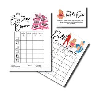 Y2K Theme Bunco, Britney Bunco, Printable Bunco Game, Bunco Score Sheets, Bunco Printable, Score Cards, Tally Sheets, Table Numbers