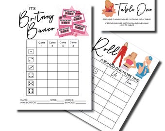 Puede incluir: Un conjunto de hojas de juego de papel blanco con texto negro y detalles en rosa. Las hojas incluyen el texto "It's Britney Bunco", "Table One" y "Roll". Las hojas de juego presentan dados, cuadrículas de juego e ilustraciones de mujeres.