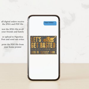 May include: A digital invitation for a Thanksgiving dinner with a gold foil turkey graphic and the text "Let's Get Basted". The invitation is on a gray background with white text and includes the date, time, and location of the event.