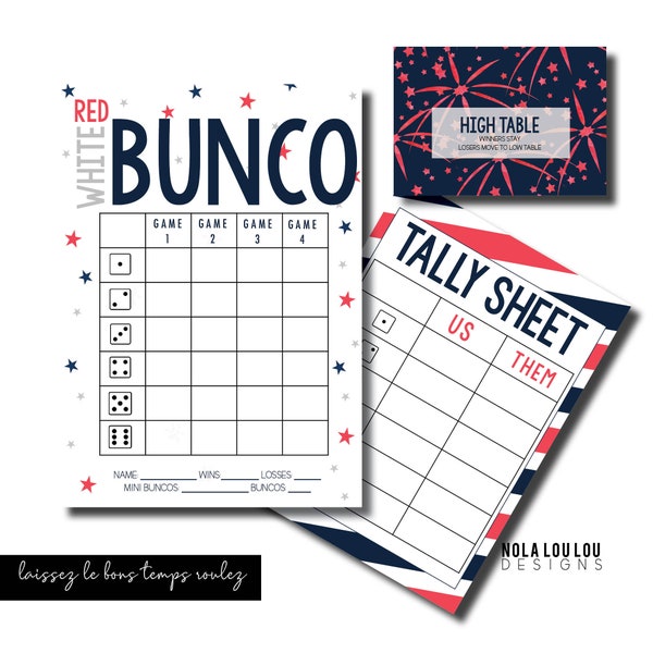 Patriotic Bunco, 4th of July Bunco, Printable Bunco, Bunco Score Sheet, Printable Bunco Cards, Score Card, Tally Sheet, Table Numbers