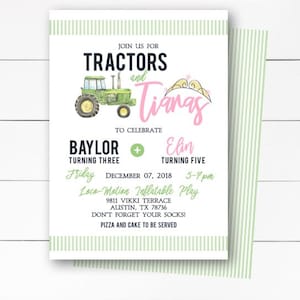 Joint Birthday Invitation, Tractors and Tiaras Invitation, Sibling Birthday Invitation, Twin Birthday Invitation,  Printed/ DIY