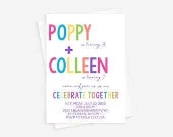 Sister Birthday Invitation: Rainbow Theme, Twin Party (INSTANT DOWNLOAD)