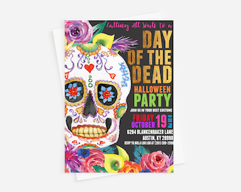 Sugar Skull Invitation: Day of the Dead, Halloween Party (Digital or Professionally Printed)