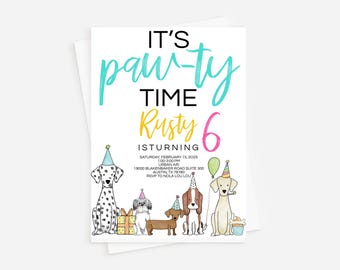 Invito di compleanno per cani: tema Puppy Pawty (modificabile, download immediato)