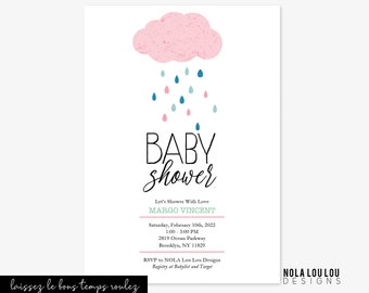 Cloud Invitation, Pink and Mint Baby Shower Invitation, Showered with Love Invitation, Spring Girl Baby Shower, Video Invitation, Baby Girl