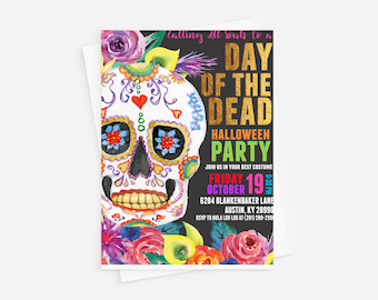 Corjl Day of the Dead Invitation, Sugar Skull Invitation, Dia de los Muertos Party, Halloween Fiesta Invite, Costume Party, INSTANT DOWNLOAD