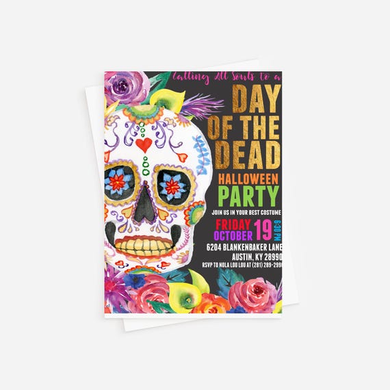 Corjl Day of the Dead Invitation, Sugar Skull Invitation, Dia de los Muertos Party, Halloween Fiesta Invite, Costume Party, INSTANT DOWNLOAD
