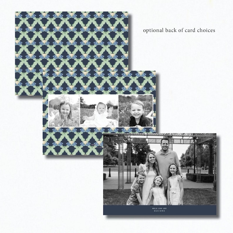 May include: A collection of stationery options featuring a navy blue and floral pattern. The design includes a family photo card and a card with three individual photos. The text "optional back of card choices" is visible.