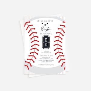 May include: Baseball-themed birthday invitation with a white background and red stitching design. The invitation features the text "Swing on Over" and "Baylor is turning 8". Additional details include the date, time, and location of the party.