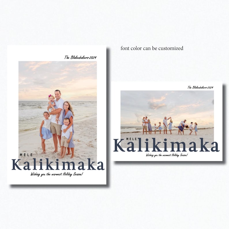 May include: Two holiday cards with family photos. The cards feature a family on a beach and a group of people on a beach. The text "MELE Kalikimaka" is displayed in large blue letters. The text "Wishing you the warmest Holiday Season!" is also included.