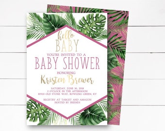 Tropical Baby Shower Invitation, Tropical Leaves Baby Shower Invitation, Palm Leaves Invitation, Tropical Girl Baby Shower,  DIY/Printed