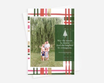 May include: A Christmas card with a green plaid background and a family photo in the center. The text reads "May the season be festive and the laughter be contagious. The Blakenbakers."