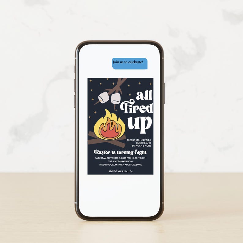 May include: A digital invitation for an 8th birthday party with a campfire theme. The invitation features a cartoon illustration of a campfire with marshmallows roasting over the flames. The text reads "all fired up" and "Baylor is turning Eight".