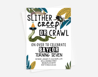 May include: A green snake wearing sunglasses and a party hat with the text "SLITHER creep OR CRAWL" on a white background with green and yellow leaves. The text below reads "ON OVER TO CELEBRATE BAYLOR TURNING SEVEN SATURDAY, JANUARY 29, 2022 FROM 1-3PM 810 W JOHANNA STREET BROOKLYN, NY 88999 RVSP TO NOLA LOU LOU".