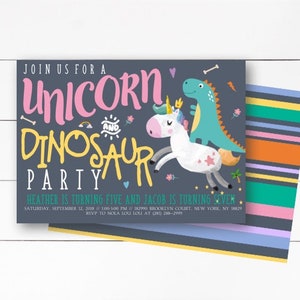 Joint Birthday Invitation, Unicorn and Dinosaur Invitation, Sibling Birthday Invitation, Twin Birthday Invitation,  Printed/ DIY