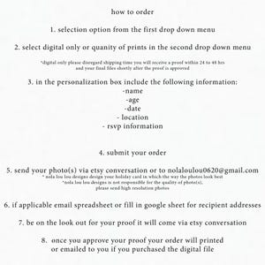 May include: A white background with black text outlining how to order a personalized holiday card. The text includes instructions for selecting options, submitting photos, and providing personalization information. The email address nolaloulou0620@gmail.com is included for submitting photos.