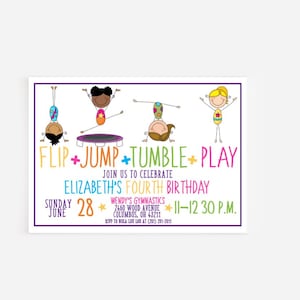 Girl Gymnastics Birthday Invitation, Gymnastics Theme Party, Tumbling Invitation, Kid Trampoline Party Invitation, Bounce House Invitation