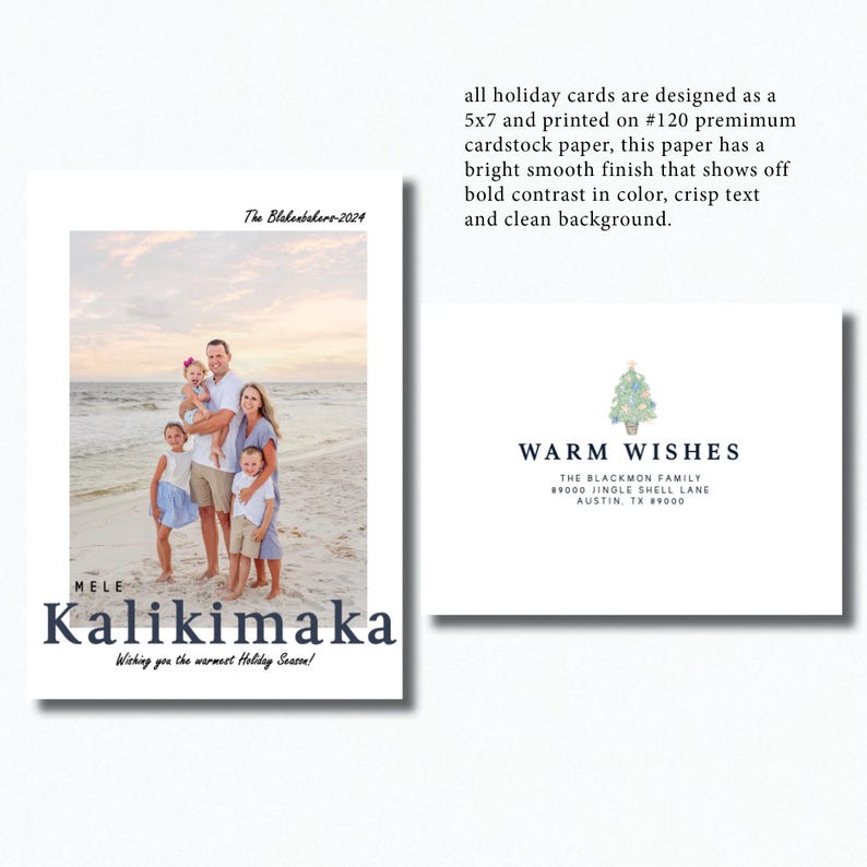 May include: Holiday cards with family photos and festive greetings. One card features a family portrait on a beach with the words "Mele Kalikimaka." The other card has a Christmas tree design and the words "Warm Wishes."