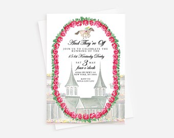 May include: Invitation to celebrate the 151st Kentucky Derby on May 3rd at four o'clock. The invitation features a watercolor illustration of the iconic Churchill Downs racetrack with a wreath of pink roses.