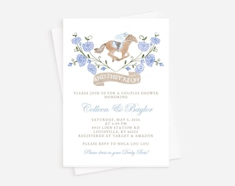 May include: A blue and white floral design with a horse and jockey illustration. The text reads "And They're Off" and "Please join us for a couples shower honoring Colleen & Baylor".