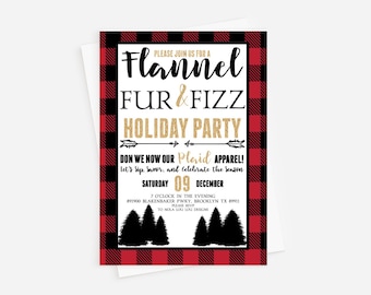 Flannel Christmas Invitation, Adult Christmas Cocktail Party Invitation, Holiday Party Invitation, Flannel Fur and Fizz Holiday Party Invite