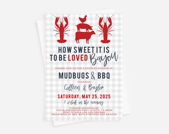 May include: A red and blue invitation for a couples shower with the text "How Sweet It Is To Be Loved Bayou" and "Mudbugs & BBQ". The invitation is decorated with a red and white checkered pattern and silhouettes of a chicken, pig, cow, and two lobsters.