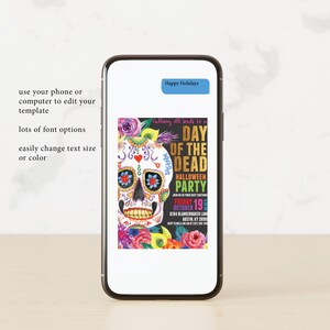 May include: A Day of the Dead Halloween party invitation with a colorful sugar skull illustration. The invitation includes the text "Calling All Souls to a Day of the Dead Halloween Party" and details about the party, including the date, time, and location.
