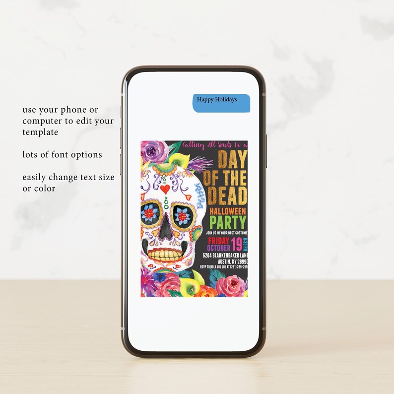 May include: A Day of the Dead Halloween party invitation with a colorful sugar skull illustration. The invitation includes the text "Calling All Souls to a Day of the Dead Halloween Party" and details about the party, including the date, time, and location.