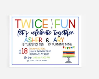 Joint Sibling Birthday Invitation: Rainbow Theme, Double the Fun  (Digital or Professionally Printed)