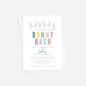 May include: A colorful invitation for a child's birthday party. The invitation features a bunny theme with the words "Bunny Bash" in rainbow colors. The text says "Hippity Hoppity for Luke's Third Birthday!" and includes the date, time, and location of the party. It also includes an RSVP and registry information.