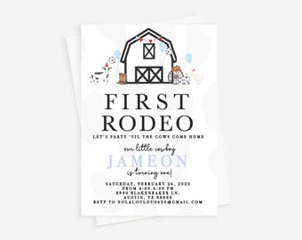 Cow Print First Rodeo Invitation: Western Cowboy Birthday  (Digital or Professionally Printed)