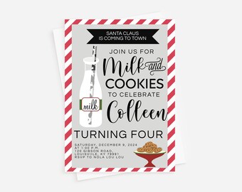 May include: A red and white striped invitation for a birthday party. The invitation says "Join us for Milk and Cookies to celebrate Colleen turning four". The invitation also includes a cartoon illustration of a glass bottle of milk with a straw and a plate of cookies.