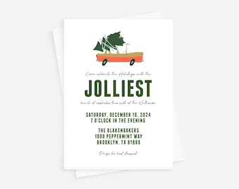 May include: A white invitation card with a festive design. It features a cartoon car carrying a Christmas tree, with the word "JOLLIEST" in large green letters. The card includes event details: date, time, and location.
