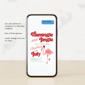 May include: A digital invitation for a Christmas in July party with a flamingo wearing a Santa hat and holding a Christmas ornament. The text reads "Flamingle and Jingle" and "Join us to celebrate Christmas in July".