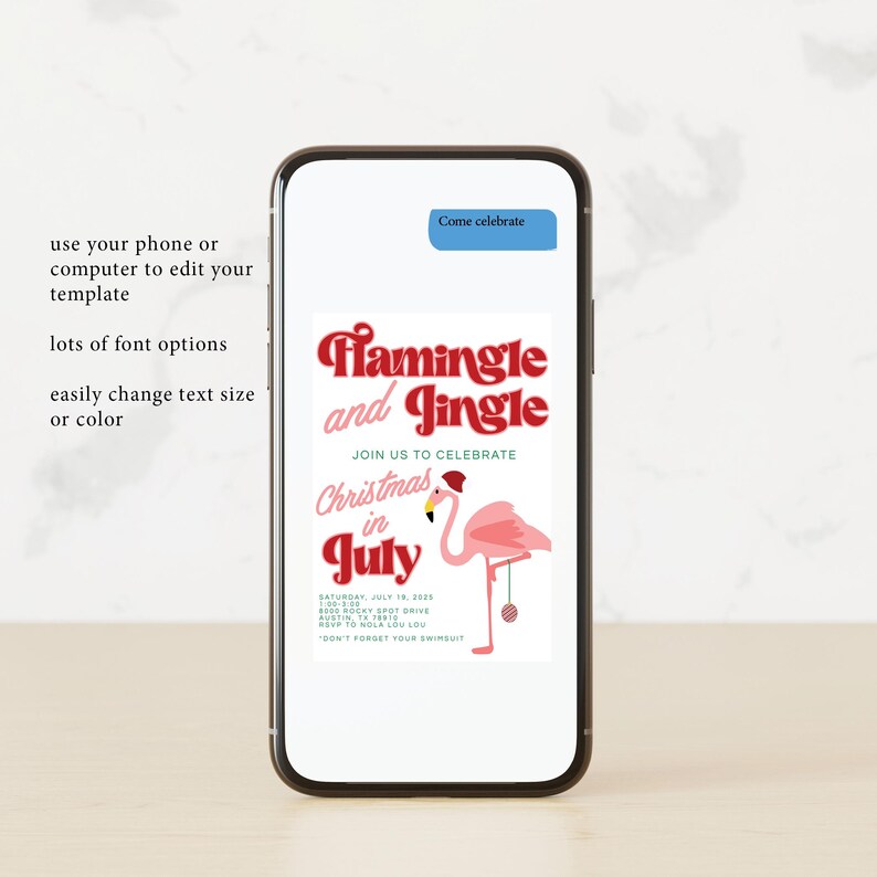 May include: A digital invitation for a Christmas in July party with a flamingo wearing a Santa hat and holding a Christmas ornament. The text reads "Flamingle and Jingle" and "Join us to celebrate Christmas in July".