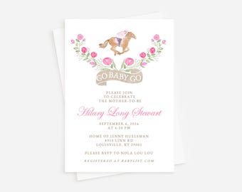 May include: A pink and green baby shower invitation with a watercolor illustration of a horse and rider. The text reads "Go Baby Go" and includes the name "Hilary Long Stewart" and the date "September 6, 2024".