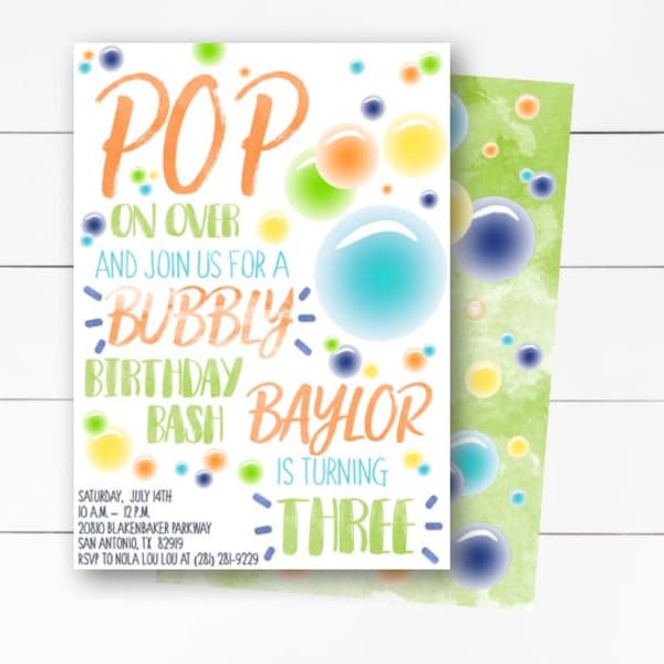 Pop on Over Invitation, Bubble Bash Birthday Party, Bubble Invitation, Bubble Birthday Invitation, Boy Birthday Invite, DIY or Printed