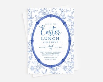 Blue Toile Easter Egg Hunt Invitation: Chinoiserie Bunny Theme (Digital or Professionally Printed)