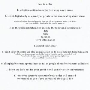 May include: A white background with black text outlining how to order a custom holiday card. The text includes instructions for selecting options, personalizing the card, submitting the order, sending photos, and receiving a proof.