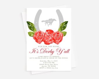 May include: A white invitation with a gray horseshoe and red roses. The text reads "Run for the Roses It's Derby Y'all Come dress to impress Let's drink juleps & cheer on the ponies Saturday, May 3, 2025 4:00-8:00 PM 89000 Rocky Spot Drive Austin, TX 89900 RSVP to NOLA Lou Lou"